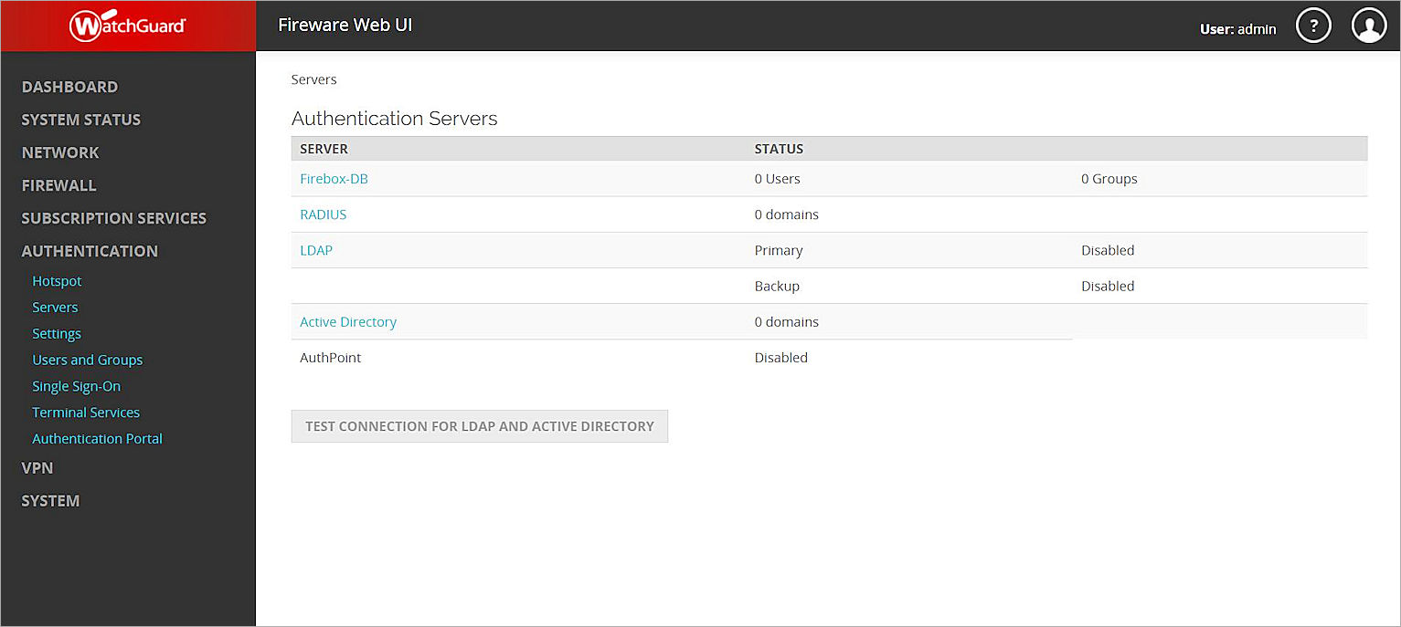 Screenshto that shows the Authentication Servers page in Fireware Web UI.